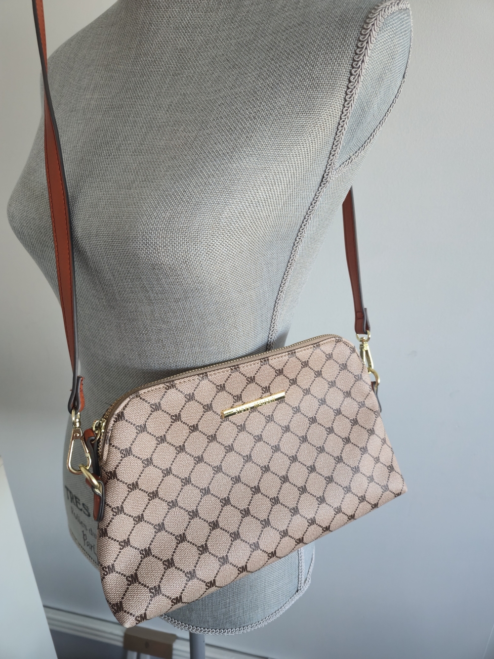 Steve Madden Cross Body Patterned Beige Bag with Tan Strap